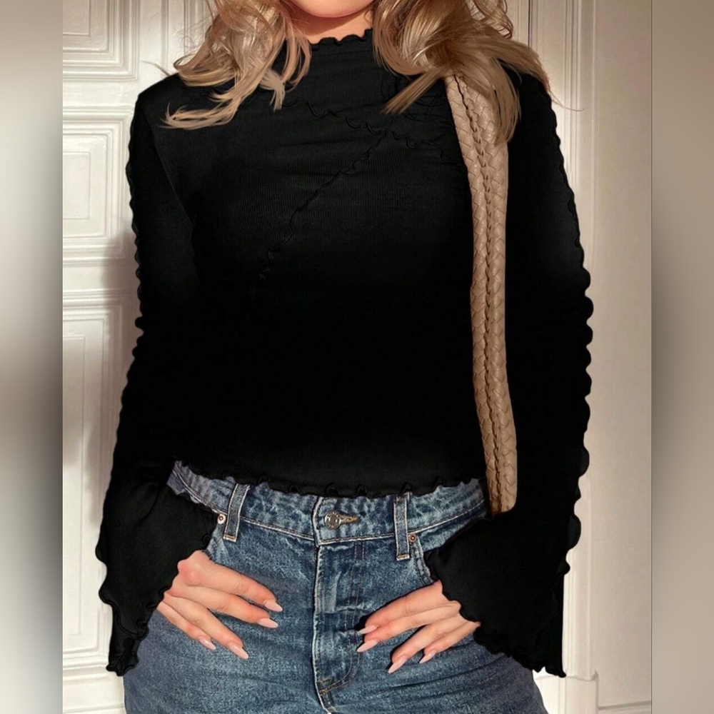 Black Ruffled Women's Flare Sleeve Top